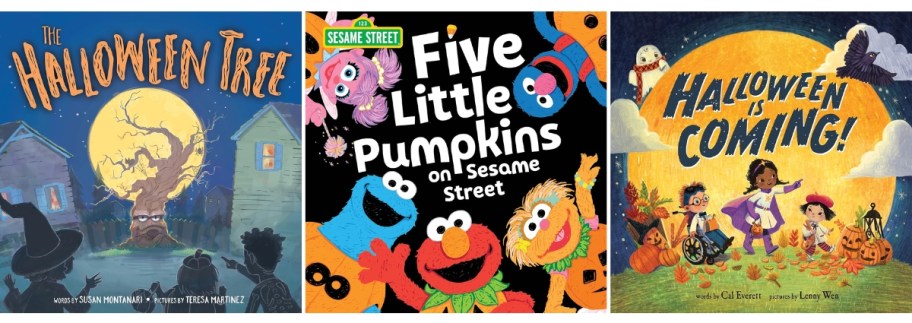 3 kids books lined up - The Halloween Tree Hardcover Book, Halloween Is Coming! Hardcover Book and Five Little Pumpkins on Sesame Street Hardcover Book