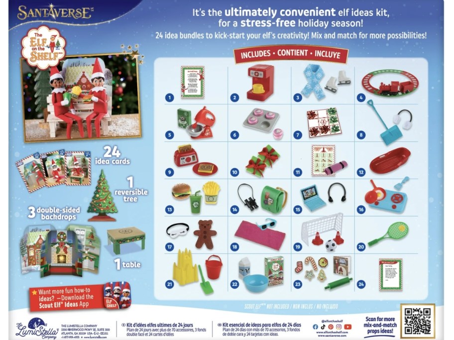 back of a box of The Elf on the Shelf Polar Props Ultimate Elf Kit showing the contents