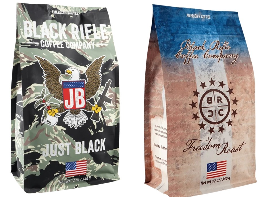 2 bags of Black Rifle Coffee ground coffee, 1 bag in camo, 1 brown and blue