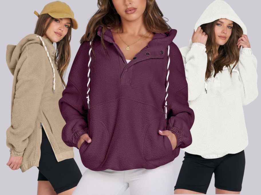 3 women wearing ANRABESS Womens Sherpa Hoodies