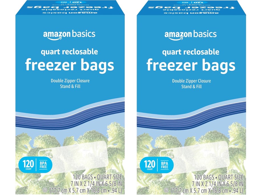 two blue boxes of Amazon Basics Freezer Quart Bags