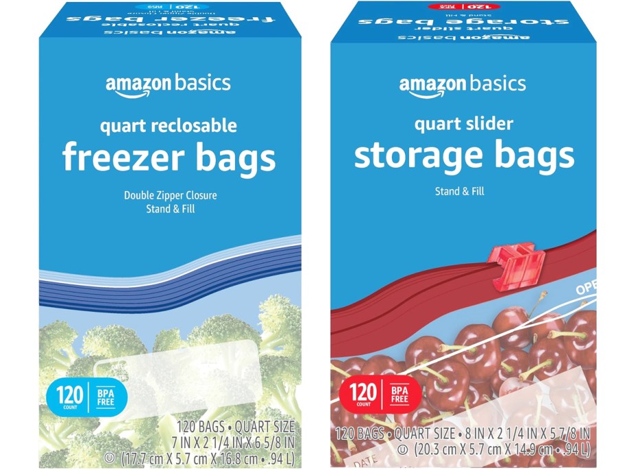 two blue boxes of Amazon Basics Quart Bags