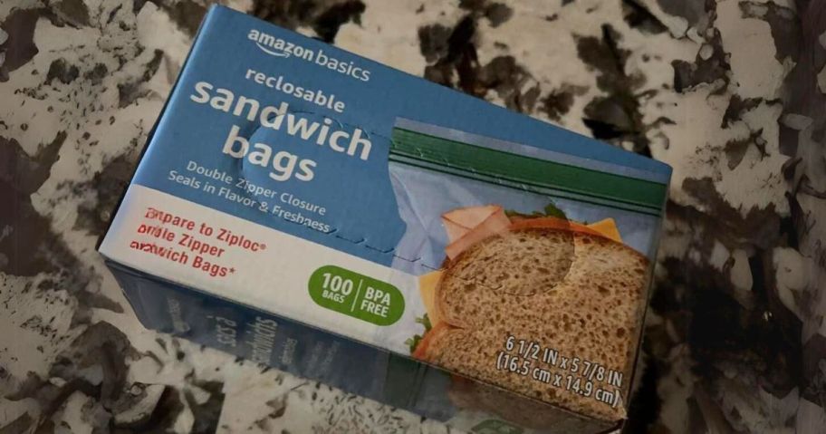 Amazon Basics Sandwich Double Zipper Storage Bags 100-Count Box on counter