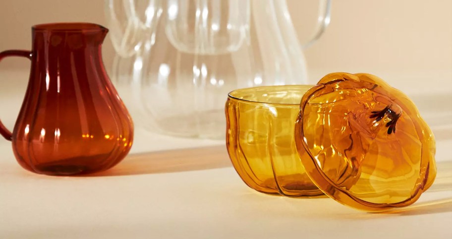 glass pumpkin creamer and sugar jar