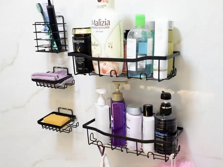 B-Land Large Capacity Shower Shelves with products on them 