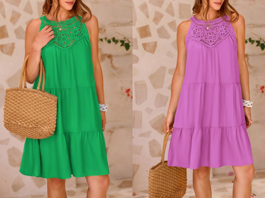 Two women wearing summer halter dresses in green and purple