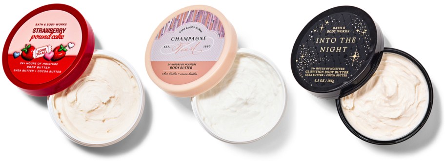 Bath and Body Works Strawberry Pound Cake, Champagne Toast, Into the Night Body Butters