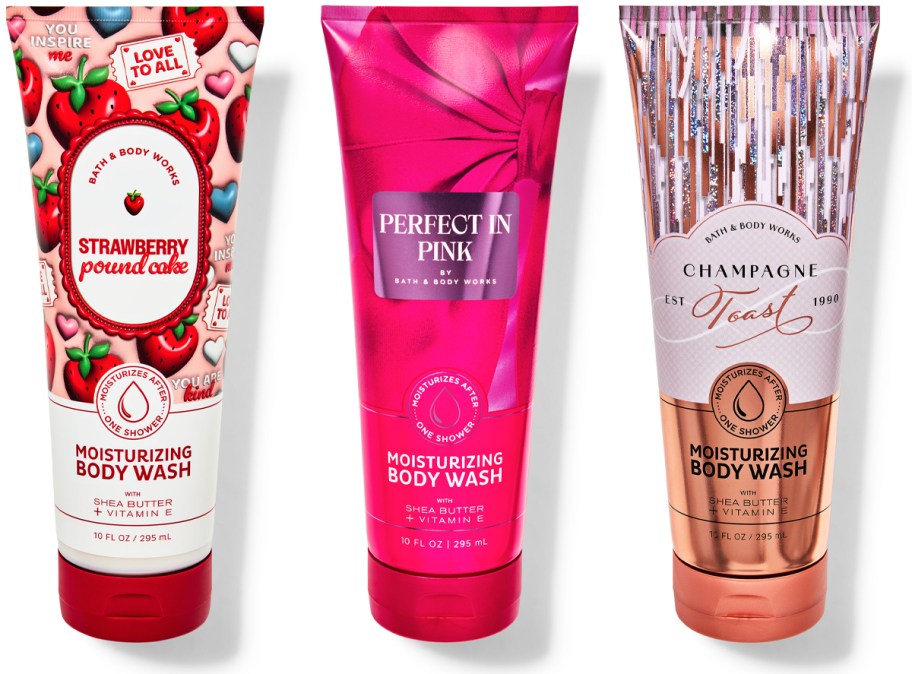 Bath and Body Works Strawberry Pound Cake, Perfect in Pink, Champagne Toast Moisturizing Body Washes