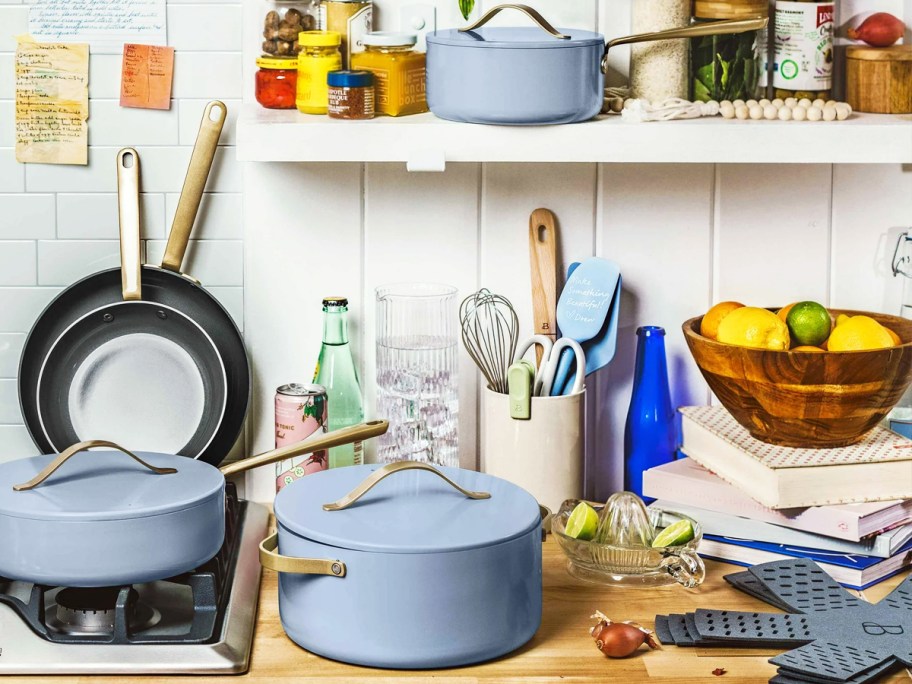 light blue cookware set on counter