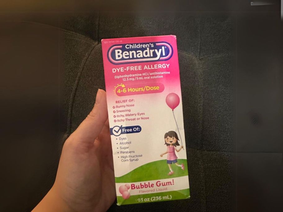 Benadryl Children's Dye-Free Allergy Liquid Medication 4oz in Bubble Gum Flavor in hand