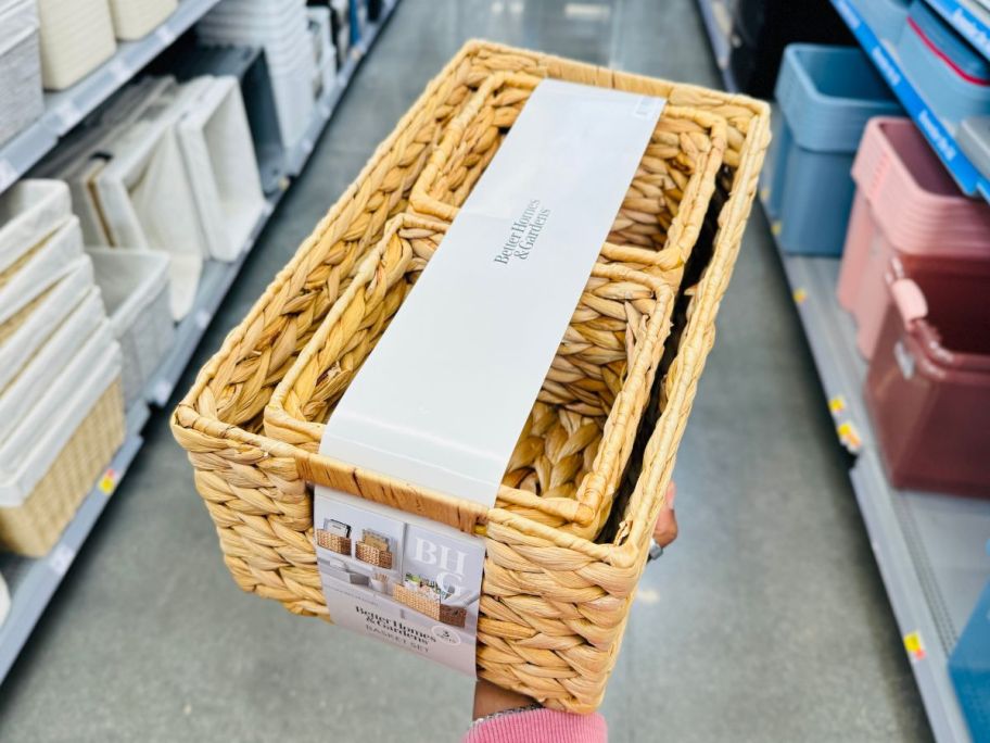 Better Homes & Gardens 3-Piece Woven Natural Water Hyacinth Storage Baskets in hand in store
