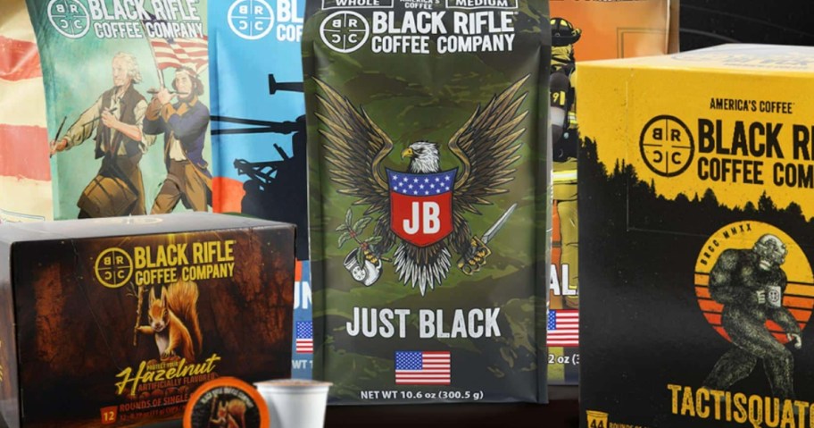 various coffee pod and ground coffee packages from Black Rifle Coffee company on a table