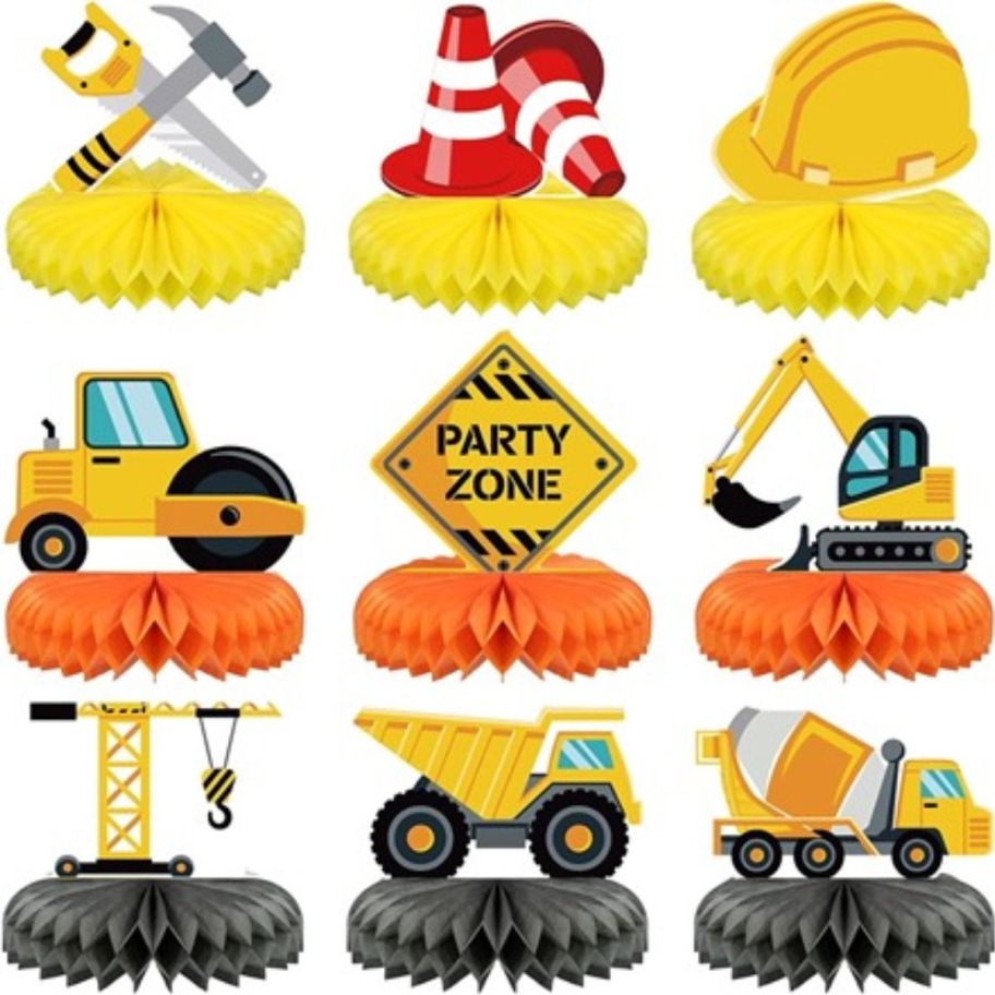 construction themed tabletop centerpieces in 9 different designs