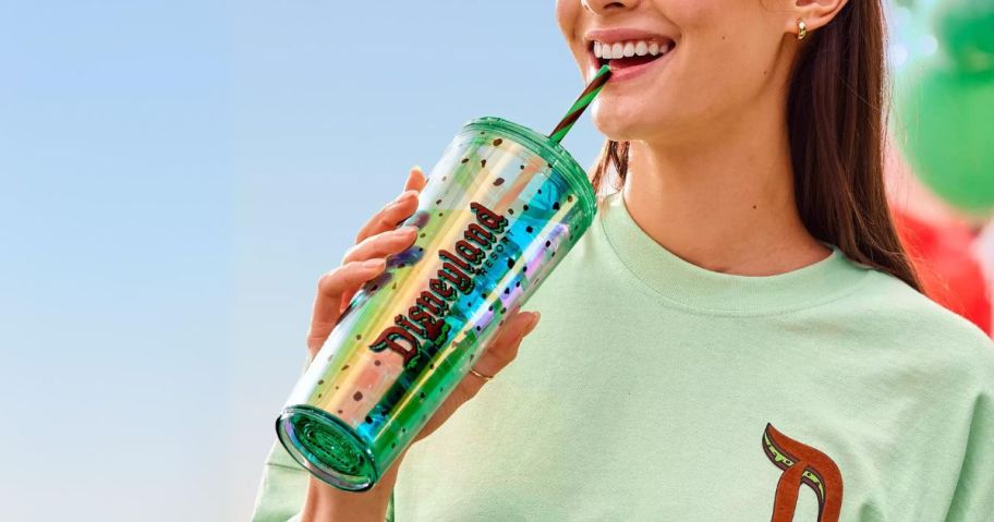 woman drinking from Starbucks Disney Eats Ice Cream Sandwich Straw Tumbler – Disneyland