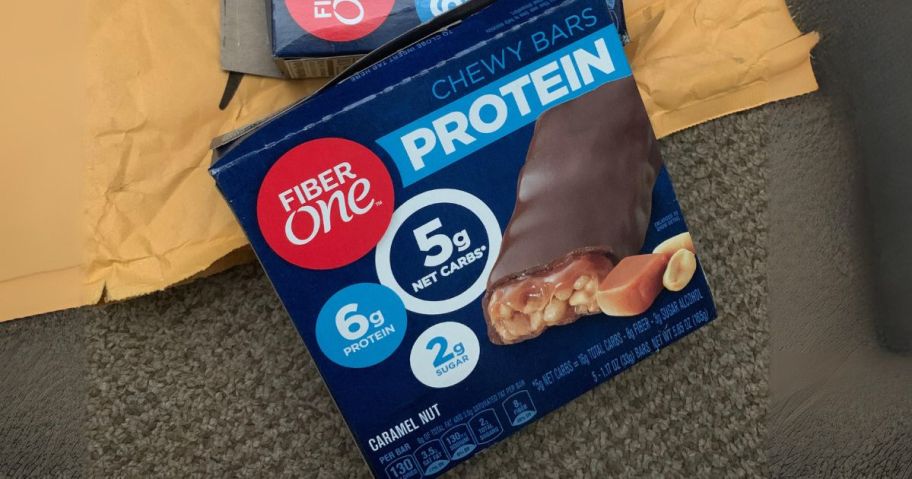 Fiber One Chewy Protein Bars 5-Count - Caramel Nut box on table