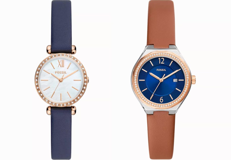 women's navy leather and gold watch with pearl face and brown leather and gold with navy face watch