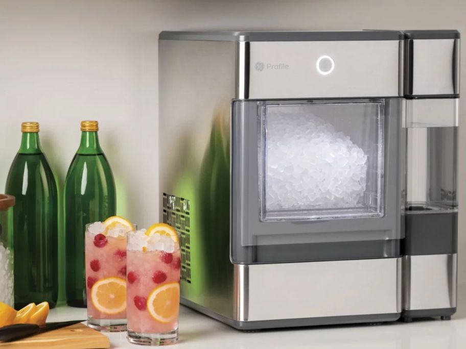 GE Profile Opal Nugget Ice Maker w/ Side Tank with drinks next to it