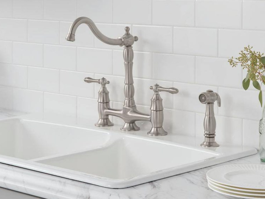 Glacier Bay Lyndhurst Double Handle Bridge Kitchen Faucet with Side Sprayer