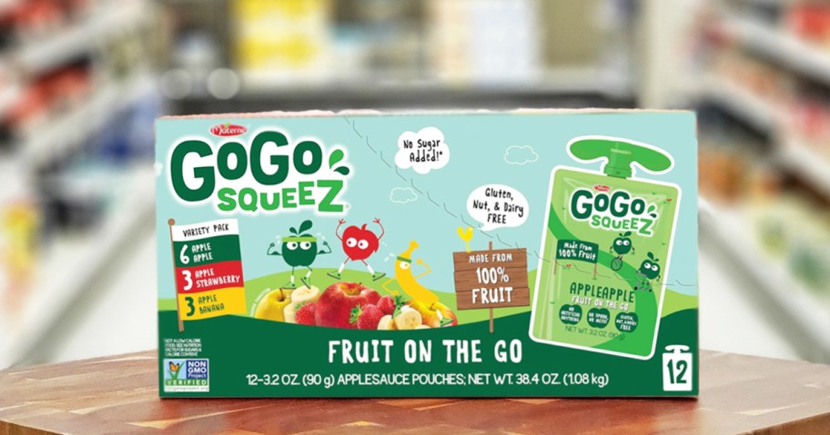 variety pack box of GoGo Squeez on a wood table