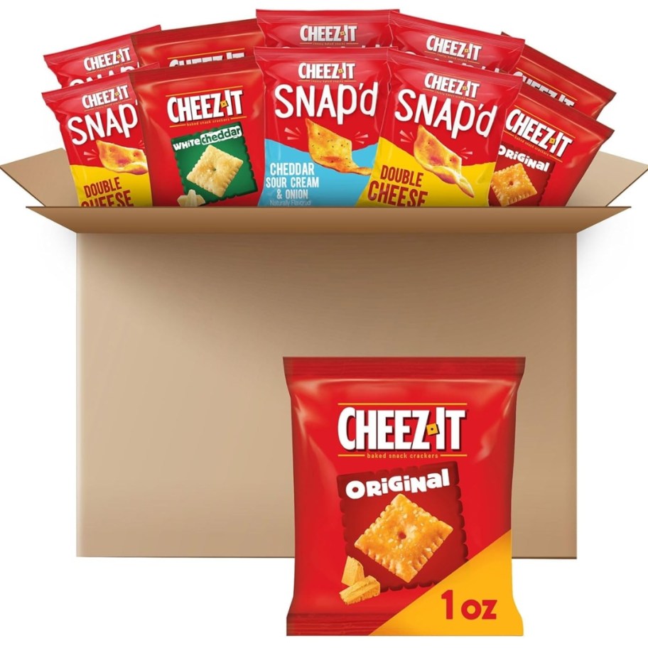 a large box filled with individual Cheez It Cracker bags 