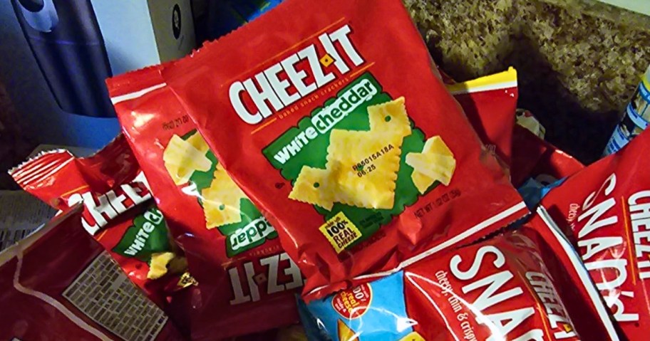 a box with a variety of Cheez It individual snack bags