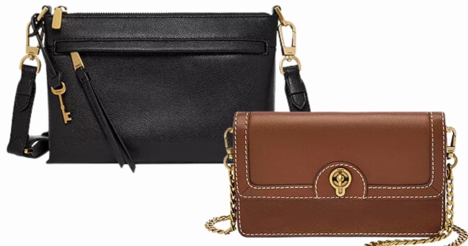 black leather crossbody bag and a brown crossbody bag with a gold chain shoulder strap