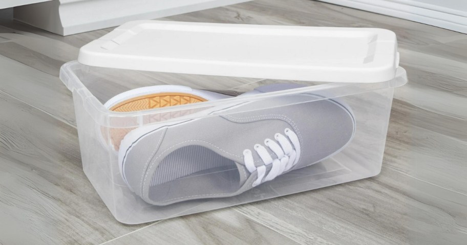 clear plastic container with a pair of grey sneakers in it, white lid partially on it