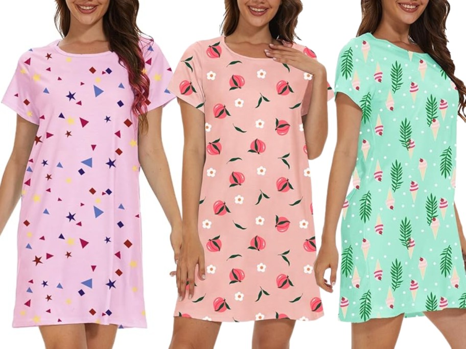 3 women wearing short sleeve nightshirts in different prints and colors