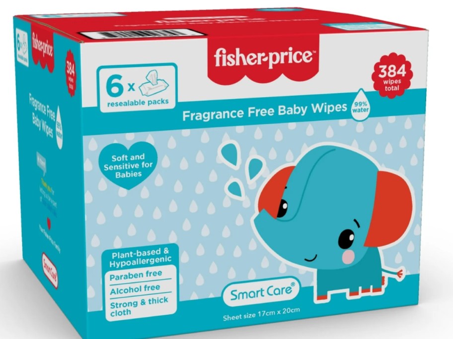 large blue, white and red box of Fisher-Price Plant-Based Baby Wipes