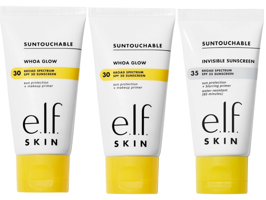 3 white and yellow tubes 2 - are e.l.f. SKIN Suntouchable Whoa Glow SPF30 Suncreen & Primer and 2 is Invisible SPF35 Sunscreen