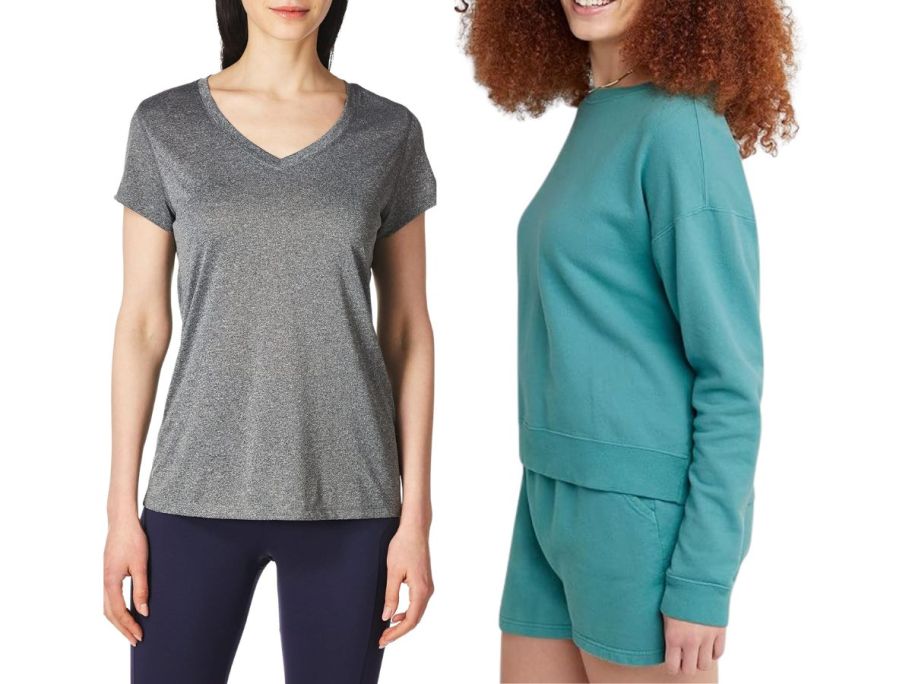 A women in a Hanes Womens v-neck tee and another in a sweatshirt