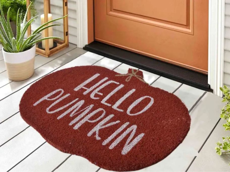 Hello Pumpkin Shaped Coir Mat 18 x 30 at doorstep