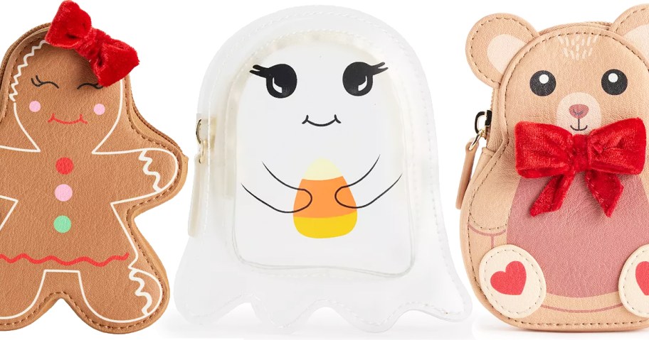 gingerbread girl, ghost, and bear coin pouches