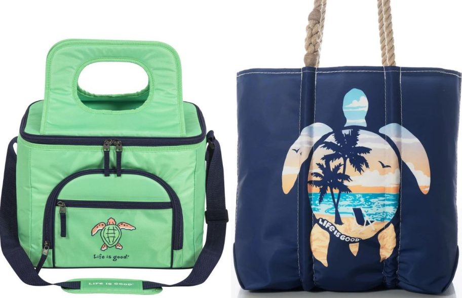 Stock images of a Life is Good cooler and Beach bag
