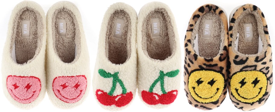 three pairs of smiley face and cherry print slippers