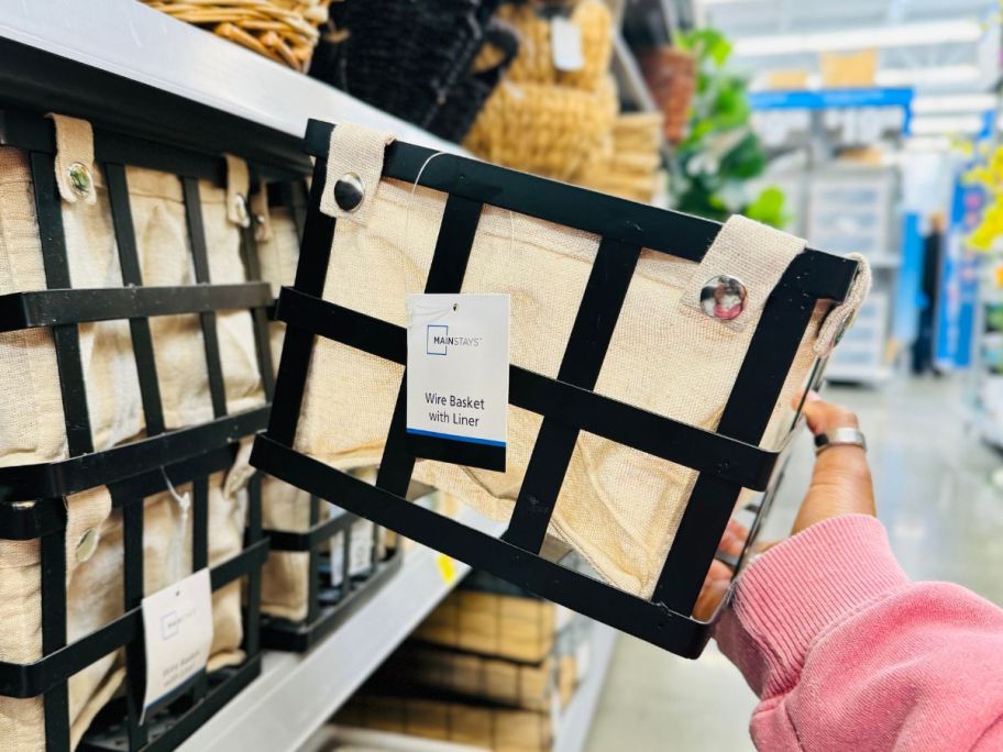 Mainstays Black Rectangle Metal Storage Basket in hand in store