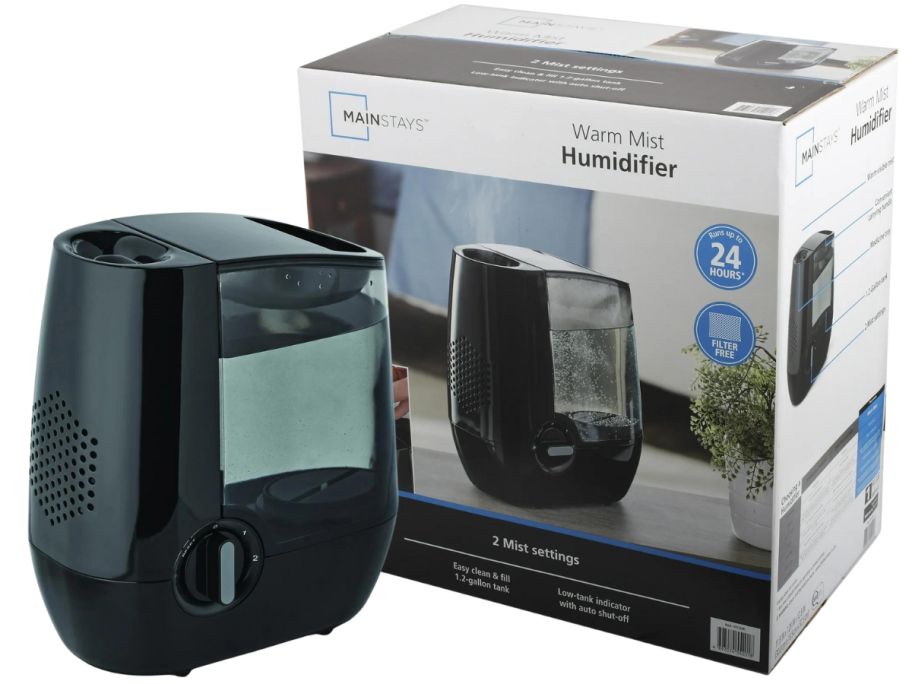 A Mainstays Warm Mist Humidifier and its box