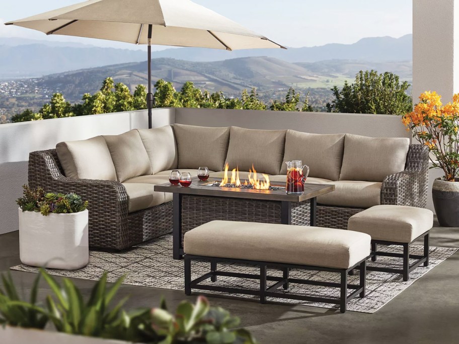 patio sectional around a rectangular fire pit