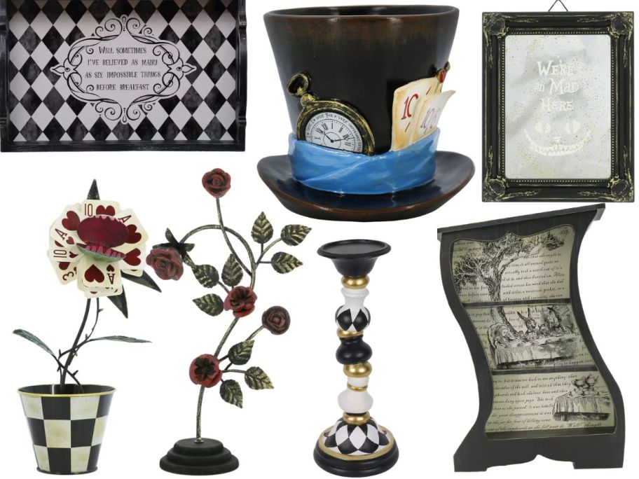 Michaels Summerween Alice’s Adventure decor items like a tray, mirror, top hat, and more 