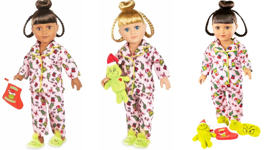 three dolls in grinch pajamas with accessories