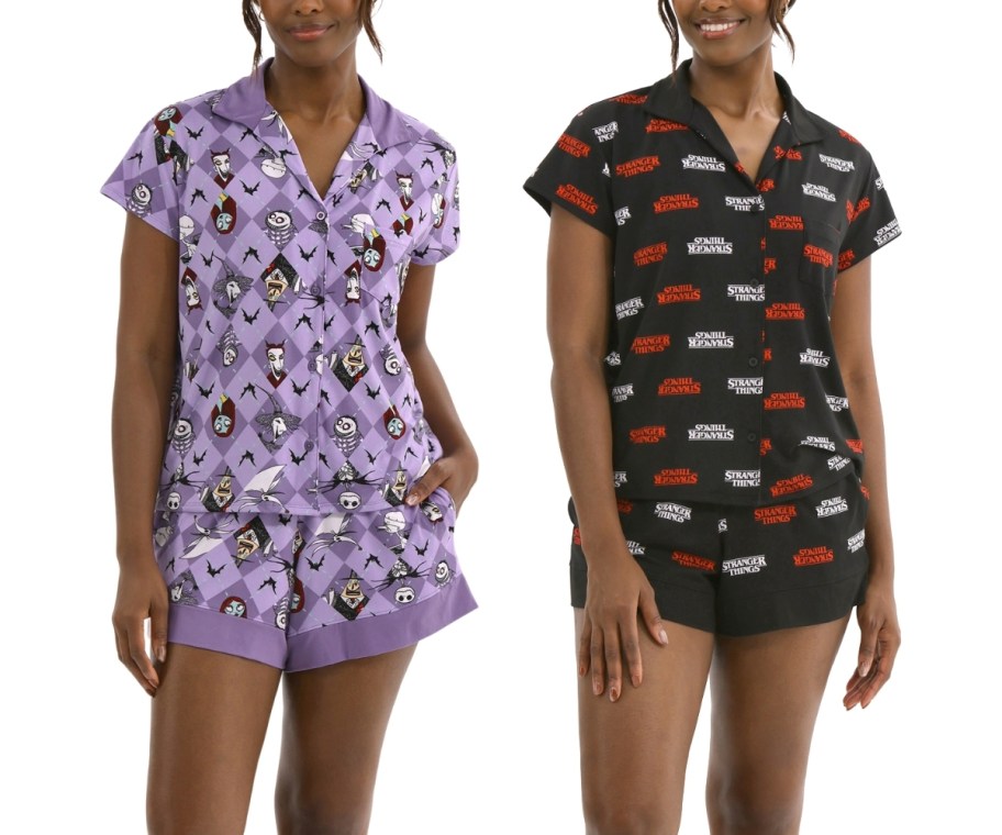 tow women wearing short pajama sets