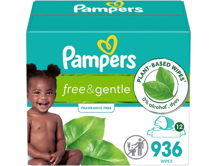 A box of Pampers Free & Gentle Baby Wipes Unscented 12-Pack