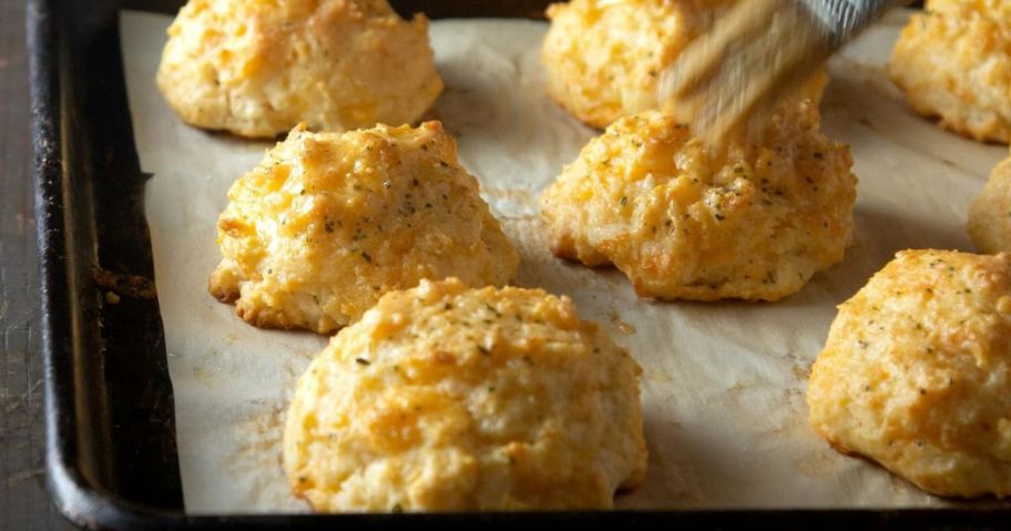 Red Lobster Cheddar Bay Biscuits on a baking sheet