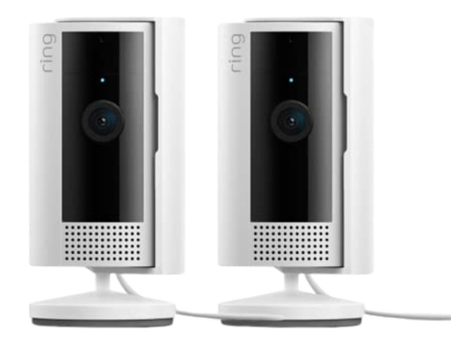 2 white and black Ring indoor cameras