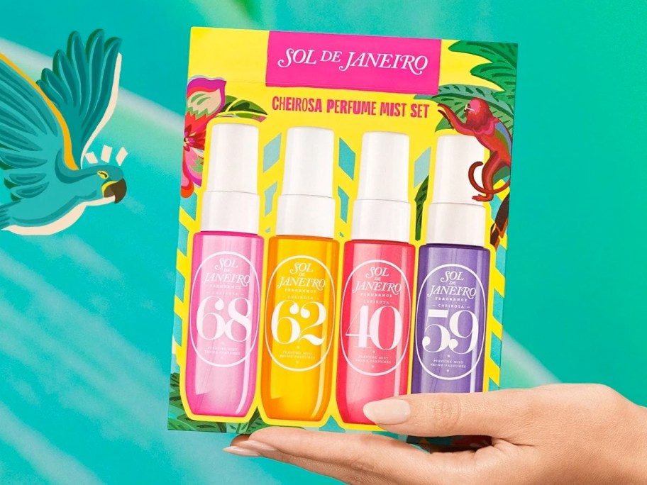 hand holding a Sol de Janeiro mist gift set