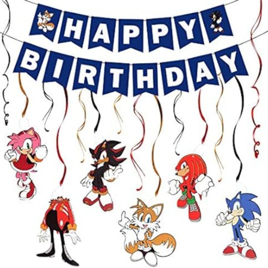 sonic hedgehog birthday banner and cardboard figures with streamers