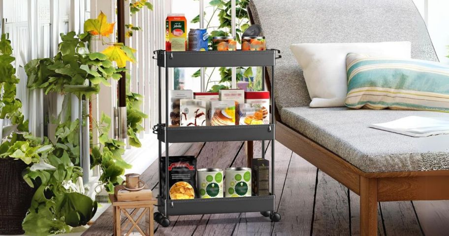 Spacekeeper 3-Tier Slim Rolling Storage Cart on patio