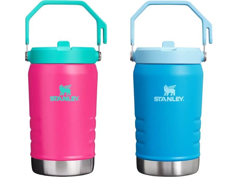 bright pink and blue stanley jugs