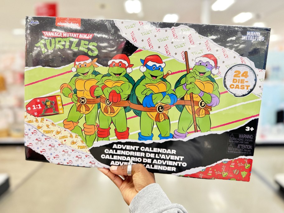 hand holding up a Teenage Mutant Ninja Turtles Advent Calendar