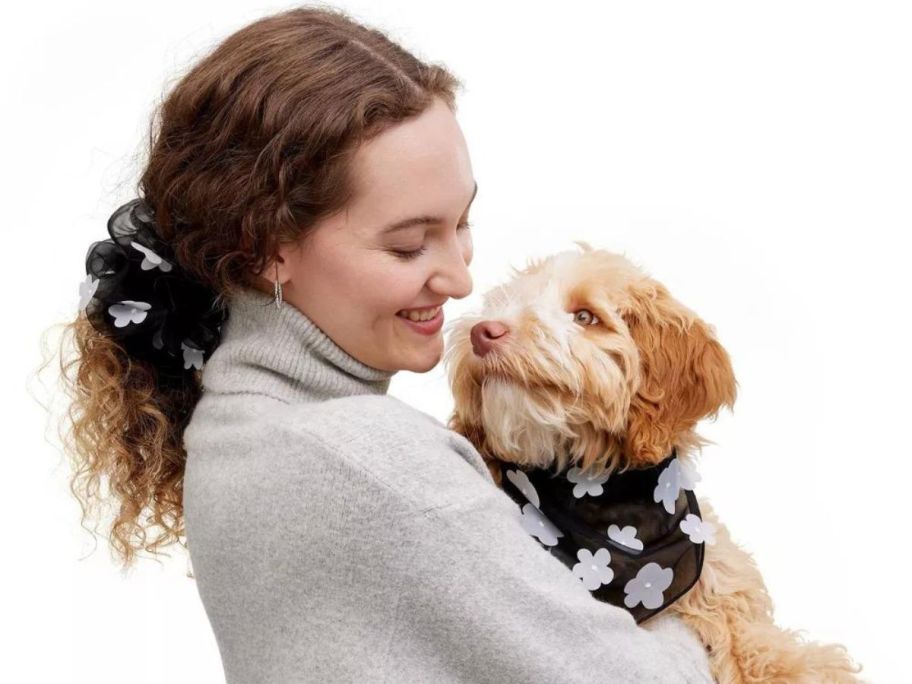 girl and dog wearing The Cuddle Collab w/ Ghost & Wren Organza Flower Scrunchie & Bandana Set